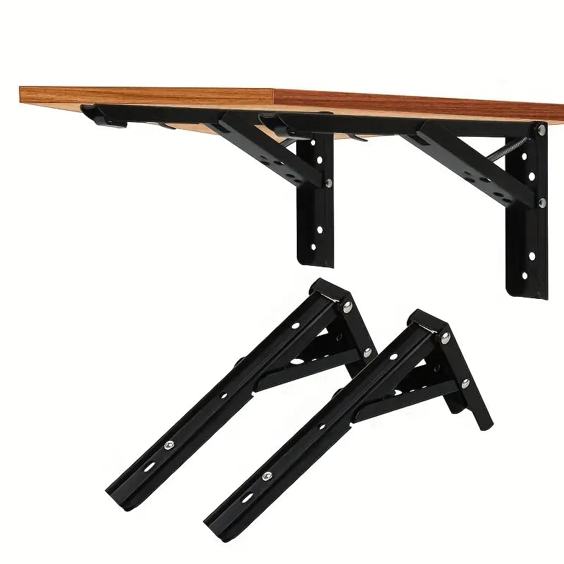 Folding Shelf Brackets - 10 Inch Heavy Duty Metal Collapsible Shelf Bracket for Bench Table, Shelf Hinge Wall Mounted Space Saving DIY Bracket, Max Load: 150 lb (2 PCS, Black)