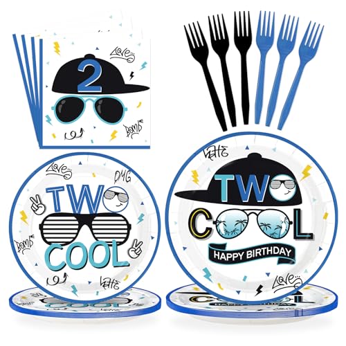 Greencian 96Pcs Two Cool Birthday Party Decorations Blue 2nd Birthday Plates and Napkins Palm Frond Sunglasses Disposable Paper Tableware Set for Boys 2 Year Old Party Supplies Serves 24