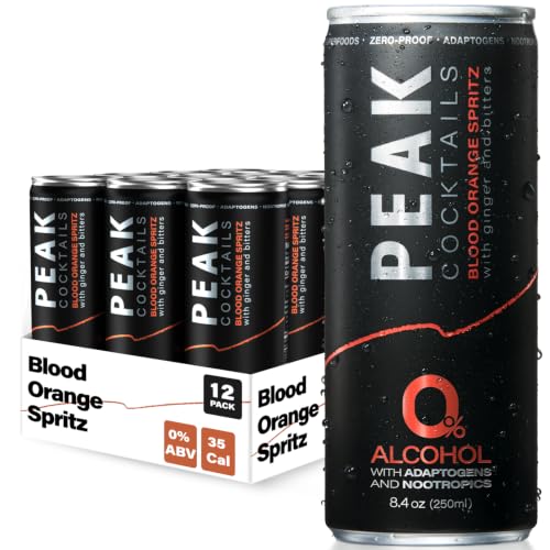 Image of Peak Cocktails Non Alcoholic Drinks, Adaptogen, Blood Orange Spritz 12 Pack | Calming, ashwagandha, tart cherry, L-theanine nootropic blend; recovery, sleep & mood, non-alcoholic, zero proof