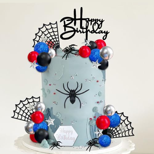42pcs Spider Cake Topper Balls Cake Decorations with Spider Web Black Red Silver and Glitter Blue Balls for Boys Men Baby Shower Birthday Party Supplies
