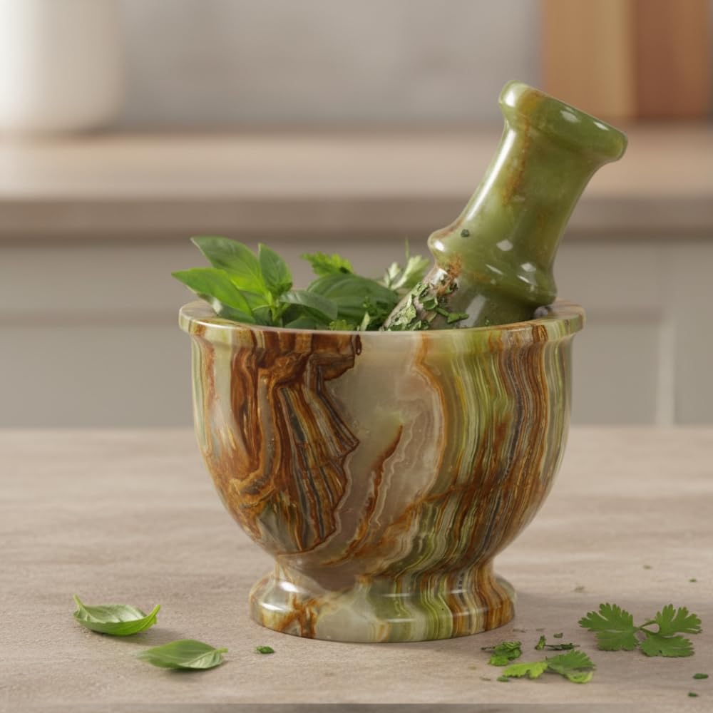 Juego de mortero de calcita verde hecho a mano, grande, trituradora de hierbas rústicas y molinillo de piedra, ideal para decoración de cocina y regalos de inauguración de la casa.