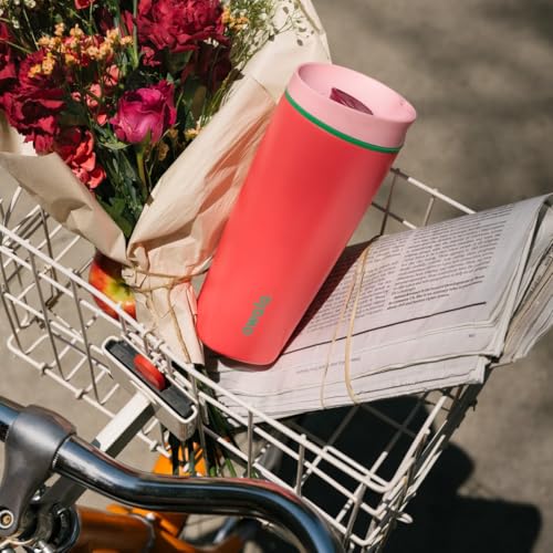 Image of Owala SmoothSip Slider Insulated Stainless Steel Coffee Tumbler, Reusable Iced Coffee Cup, Hot Coffee Travel Mug, BPA Free 20 oz, Pink /Red (Strawberry Fields)