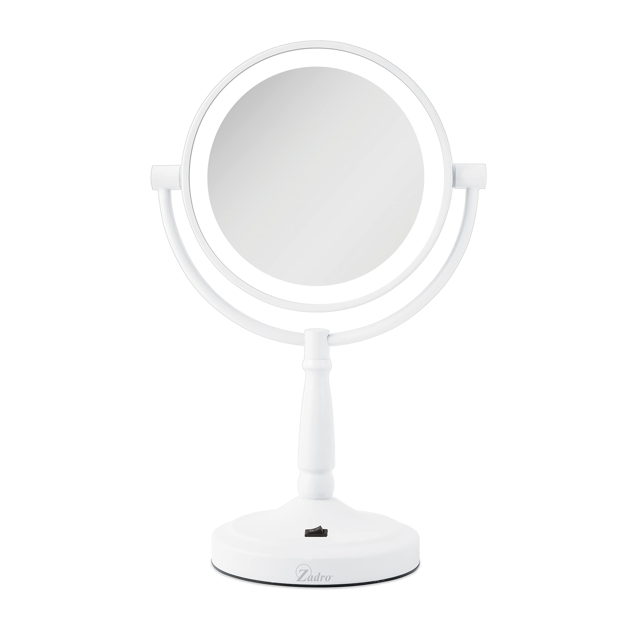 Zadro 9 Inch Round LED Ring Lite Countertop Vanity Mirror, 6400K Cool White Light, 2-Side 10-time & 1-time Magnification, 360 Swiveling Head, Battery Operated