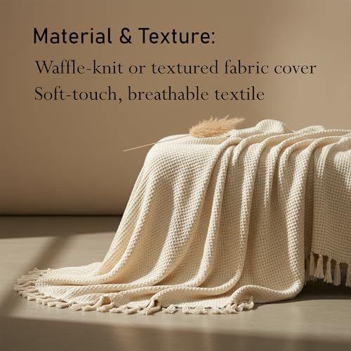 Image of Cotton Handloom Waffle Throw Blanket for Sofa & Bed | Soft Lightweight Beige Decorative Throw with Tassels | All-Season Couch & Bed Throw (125x150 cm)