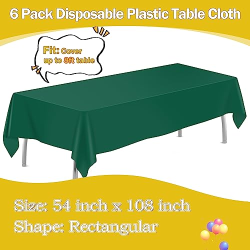 Image of tujol Dark Green 6 Pack Plastic Table Cloth 54 inch x 108 inch, Disposable Tablecloths Rectangle Table Cover, Plastic Tablecloths for Parties