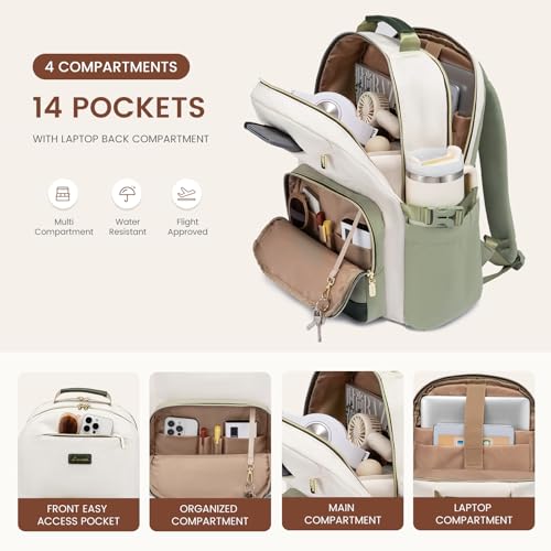 Image of LOVEVOOK Laptop Backpack for Women with Pouch Pocket for Large Capacity Cup,15.6 Inch Teacher Nurse College Work Backpack Purse,Waterproof Laptop Bag Computer Back Pack for Travel, Beige-Green-Black