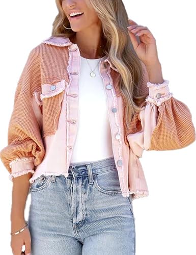 Womens Cropped Waffle Knit Shirt Jacket Long Sleeve Button Down Boyfriend Shacket Jacket Tops