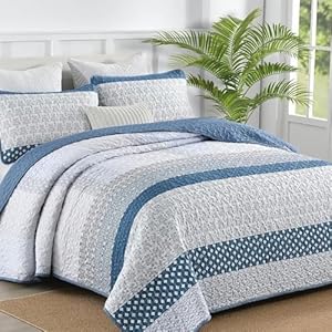 WONGS BEDDING Blue Quilt King Size, Bohemian Stripe Quilt Sets 3 Pieces Boho Quilted Bedspread Set Lightweight Microfiber Coverlet Bedding Set All Season (104″x90″)