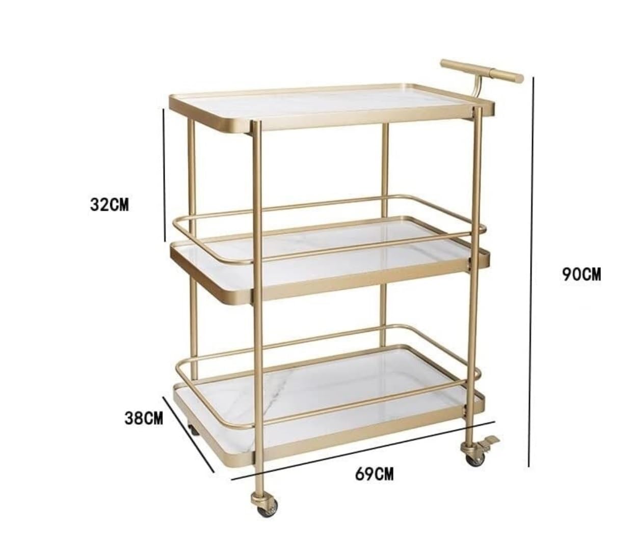 Carrello dispensa in Metallo a 3 Ripiani per Cucina, Carrello Mobile per Ristorante, Finitura Oro e Noce, Ideale per la Preparazione e la conservazione degli Alimenti.