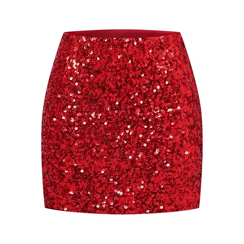 Formeet17 Women's Glitter Sequin Skirts Stretch Night Out Party Club Skirts (XX-Large, Red)