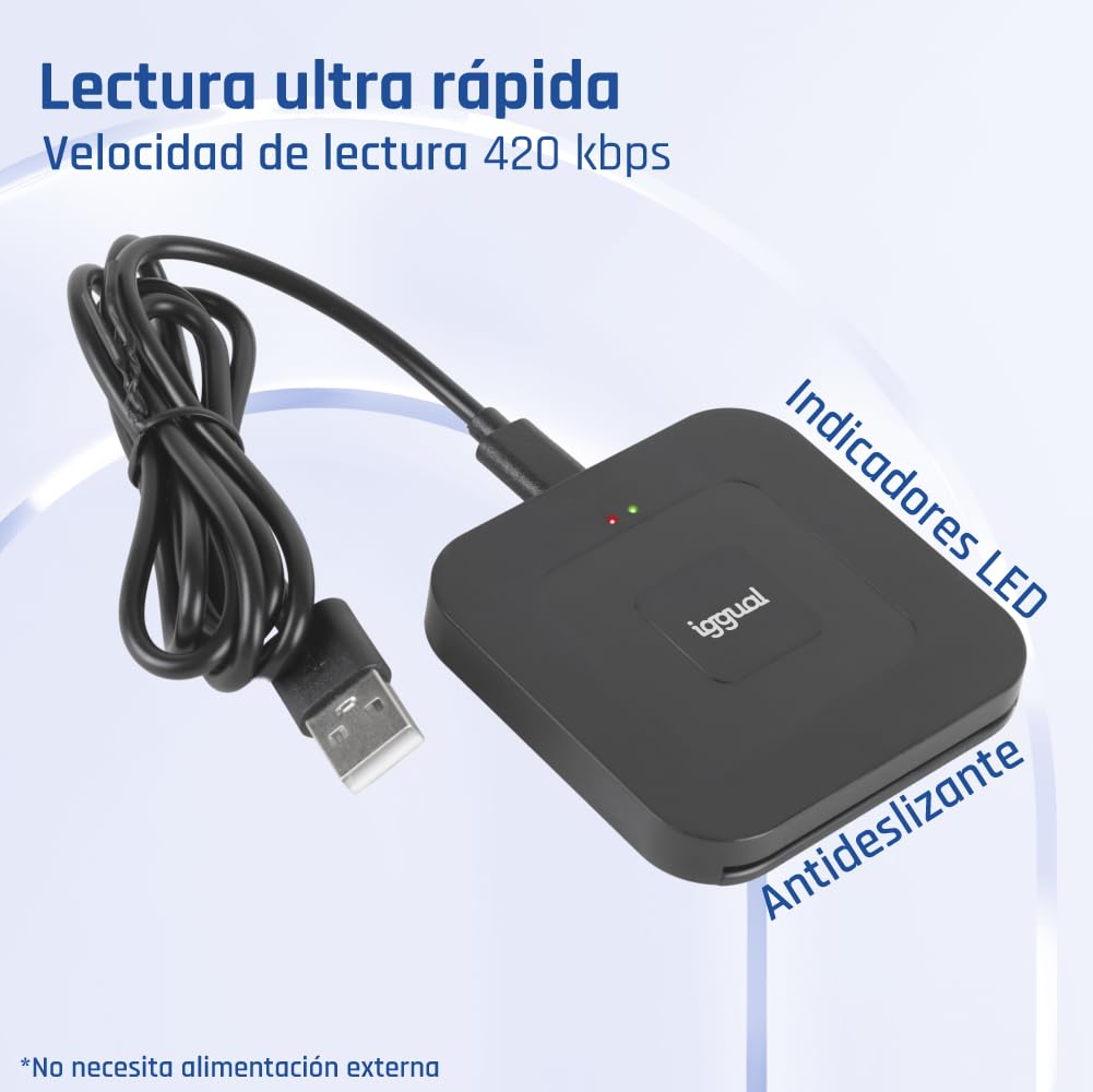 Iggual Lector DNI Electrónico y Tarjetas Inteligentes - Conexión Entrada Tipo C - Admite Cables de Salida USB-A y USB-C - Compatible DNIe 4.0 - Velocidad de Lectura 420 kbps - Windows, macOS y Linux
