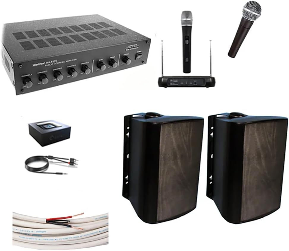 KIT Outdoor PA Sound System, New Larger Amp & 500' Speaker Wire, Baseball Field Stadium Horse Arena Easy Install Speakers (Speakers White or Black- Depends on Inventory) Public Address Sound System