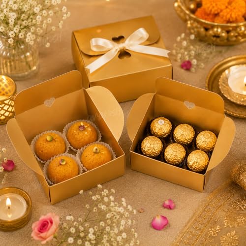 Image of Divyakosh 12 Pcs Multipurpose Golden Folding Gift Boxes with Ribbon|Decorative Empty Boxes for Wedding, Diwali, Birthday & Party Return Gifts|Paper Boxes for Sweets, Chocolates