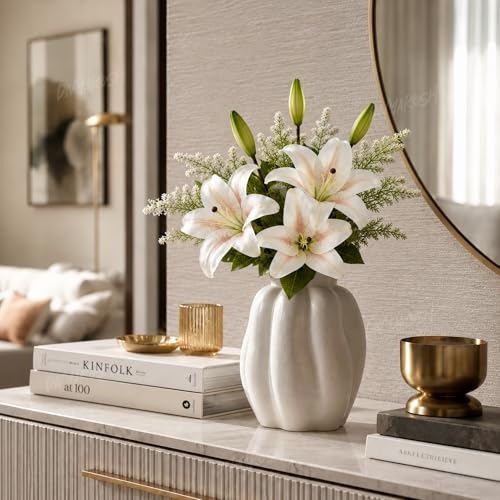 Image of Divyakosh Artificial Flowers Bunch (Vase Not Included). Artificial Flower for Vase Flower Bouquet Gift White Lily Arrangement for Living Room, Dining Table Office Decor