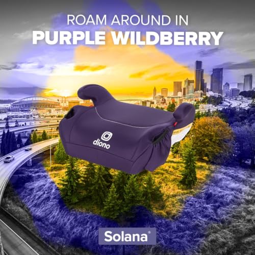 Image of Diono Solana, No Latch, Single Backless Booster Car Seat, Lightweight, Machine Washable Covers, Cup Holders, Purple Wildberry
