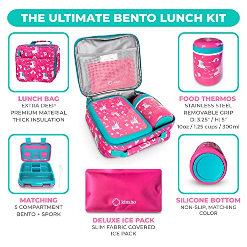 Image of Bento Box With Lunch Bag, Insulated Stainless Steel Thermo For Hot-Cold Food Or Soup, Ice Pack Set For Kids Girls Toddlers Snacks For Daycare, Ages 3 To 7, Pink Unicorn