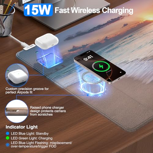 Image of Wireless Charging Mouse Pad, 31.5 inchx15.8 inch in, Beach Sunset | Anti-Fray Stitched Edges, Waterproof Premium Textured Surface, Non-Slip Rubber Base, with 20W PD Adapter
