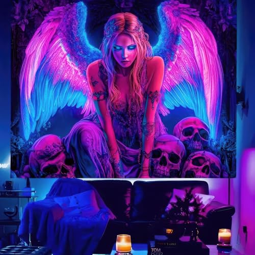 Image of BlissYard Blacklight Gothic Tapestry 78x59 Inch Womens Tapestry | Cool Girl Art Skull Trippy Wall Art, Uv Reactive Glow In the Dark Psychedelic Wall Hanging for Bedroom Dorm Room Decor