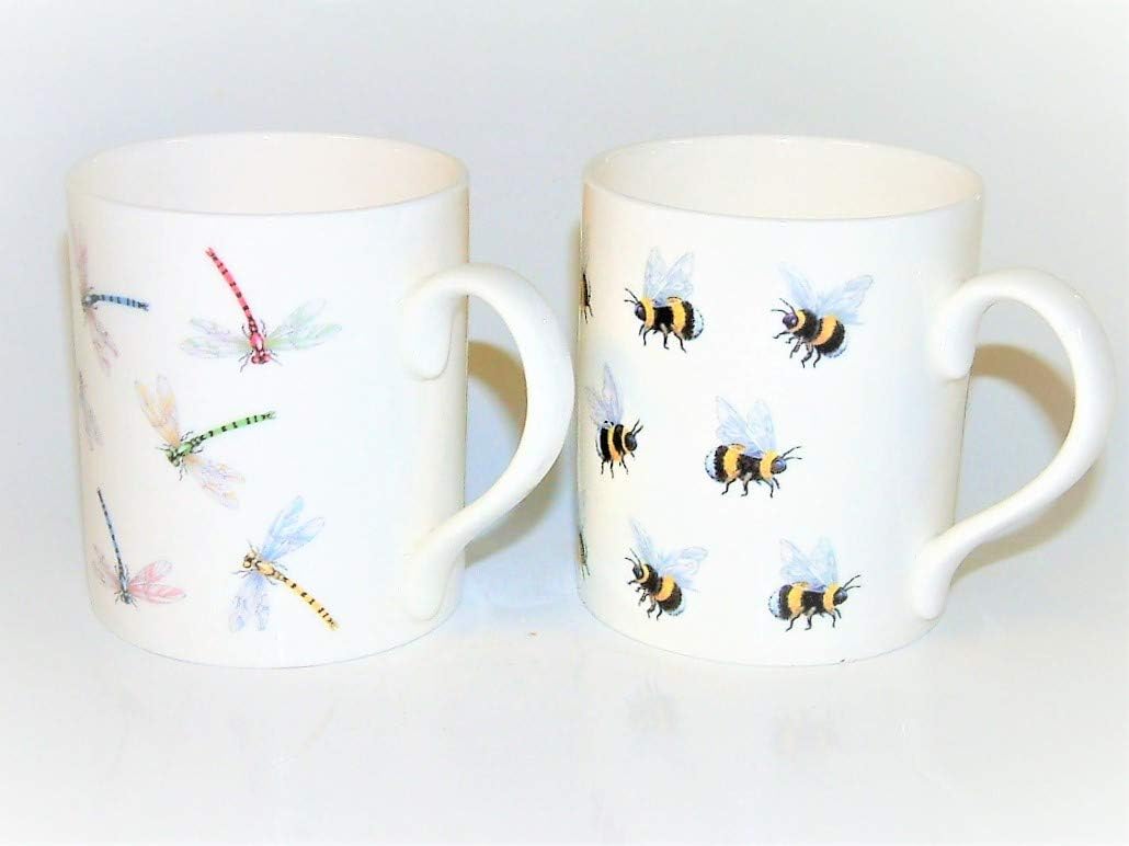 2 Large Bone China Mugs 400ml Capacity Each with Bee and Dragonfly Design