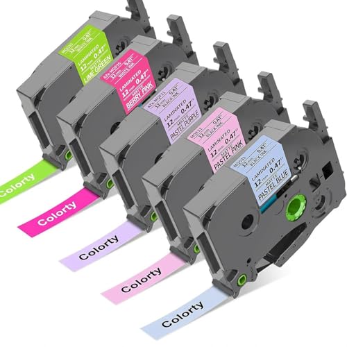 Image of COLORTY Replacement for Brother P-Touch Label Maker Tape TZe 12mm 0.47 Inch | TZ Laminated Colored Tape 1 /2 inch Compatible with Brother PTouch Label Maker PT-D210 PT-H110 PT-1880 PT-D400 PT-D600, 5 Pack