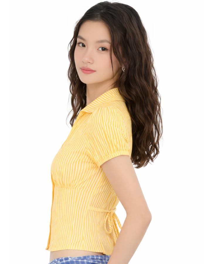 Image of Women V-Neck Puff Sleeve Crop Top with Back Tie-Up Detail