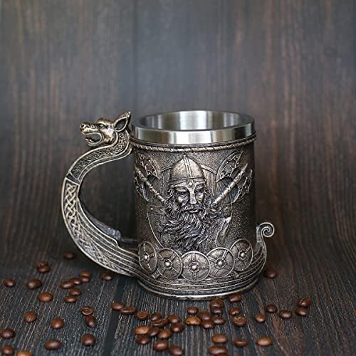 OTARTU Norse Viking Warrior Ship Draon Drakkar Beer Mug Stein Stainless Steel Liner, Nordic Drink Cup Tankard for Collectible Gift 550ML