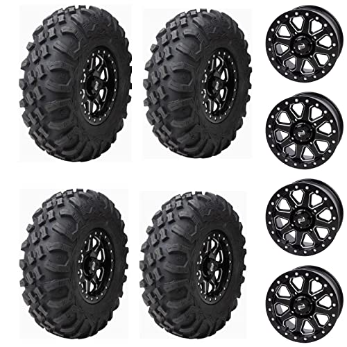 Four 34x10-15 Tusk MEGABITE Heavy Duty 8-Ply Radial UTV Tires mounted on Tusk UINTA Beadlock Wheels - For Can-AM X3 - 4/137 bolt pattern - Includes Lug Nuts (4+3 Wheel Offset, Milled Black)
