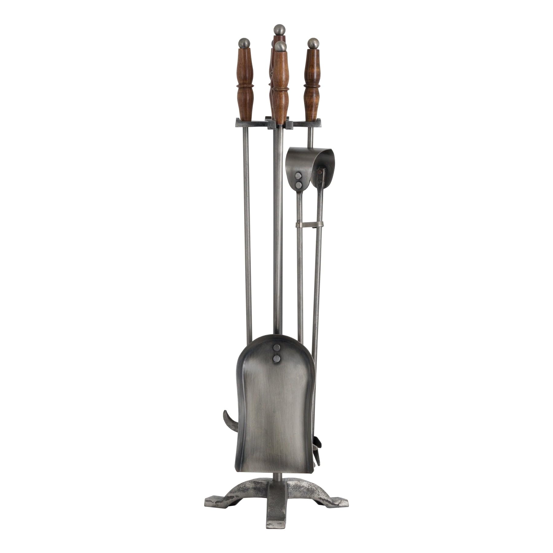 Hill 1975 Mixed Hand Turned Fire Companion Set In Antique Pewter With Wooden Handles