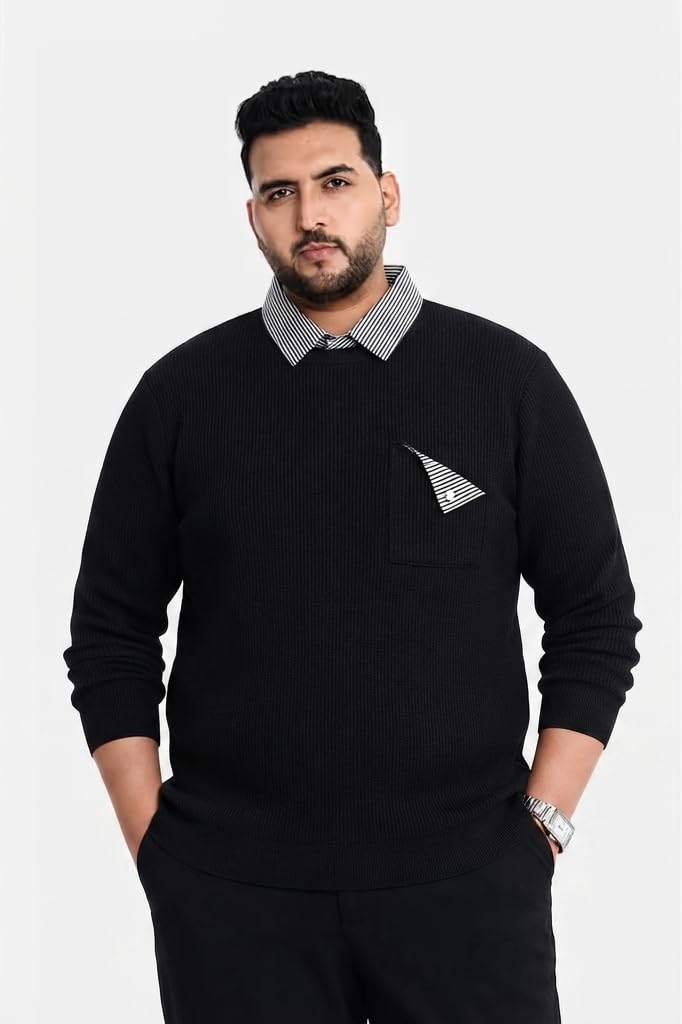 Men's Plus Size Black Ribbed Knit Sweatshirt with Chest Pocket-picture-41