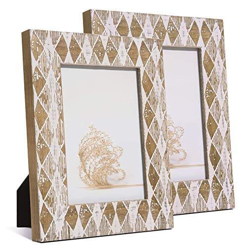 Mazjoaru Picture Frames Boho Solid Wood 5X7 Photo Frame Fathers Day Gifts Rustic Natural Wooden White Finish Geometric Carved, Farmhouse Decor Desk Or Wall, Christmas Gift For Family, Real Glass Cover, 2 Pack #TOP6