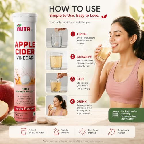Image of Apple Cider Vinegar Effervescent Tablets | Apple Flavour | With Mother Vinegar, Pomegranate Extract, Vitamin B12 & Vitamin B6 | Fizzy Drink Tablets | 90 tablets