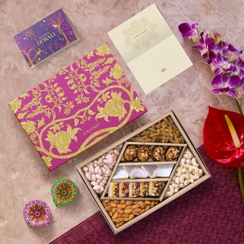 Image of ANAND Diwali Dry Fruits Gift Box 650 gram with Diya Assorted Sweets and Dryfruits Cashewnuts, Almonds, Raisins And Pistachios Dry Fruits gift pack for Diwali Family and Friends
