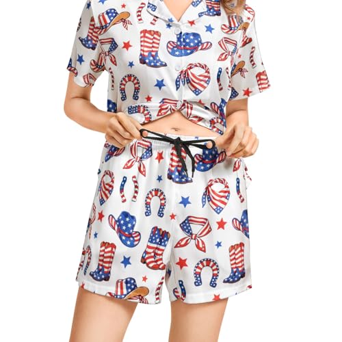 Image of Funny Pajamas for Women Set Print Satin Loungewear Pjs Short Sleeve Button Down Top and Shorts Sets Sleepwear XS-3XL
