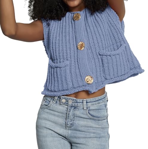Image of Women's Sleeveless Crochet Cardigan Vest Casual Fashion Button Down Open Front Sweater Vest with Pockets