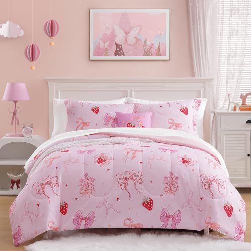 Wink Deer Twin Comforter Set for Girls-3 Pieces Pink Bow Twin Bedding Sets for Kids 1 Comforter 1 Sham and 1 Decor Pillow
