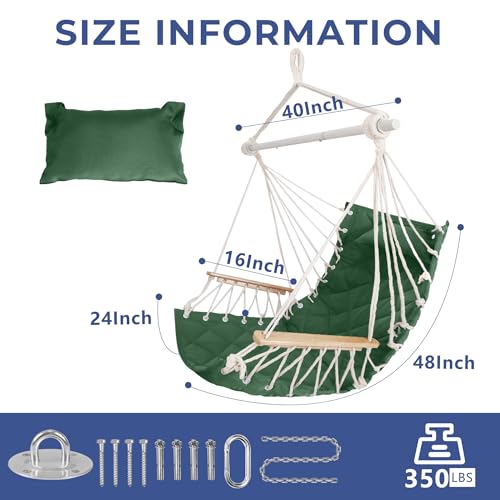 Image of Hammock Chair Hanging Swing with Wooden Armrest,Steel Spreader Bar,Pillows,Hardware kit Included;Cotton Woven;Up to 350 Lbs,for Indoor Outdoor Green