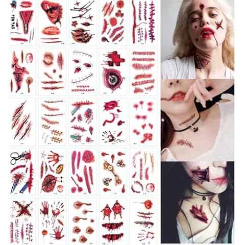 Funyrich 30 Sheet Horror Realistic Fake Bloody Wound Stitch Scar Scab Waterproof Temporary Tattoo Sticker Halloween Masquerade Prank Makeup Props(B, Medium) Cover