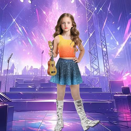 Image of Sunny Fashion Girls 2 Piece Top Tank Gradient Orange Skirt Sparkle Show Music