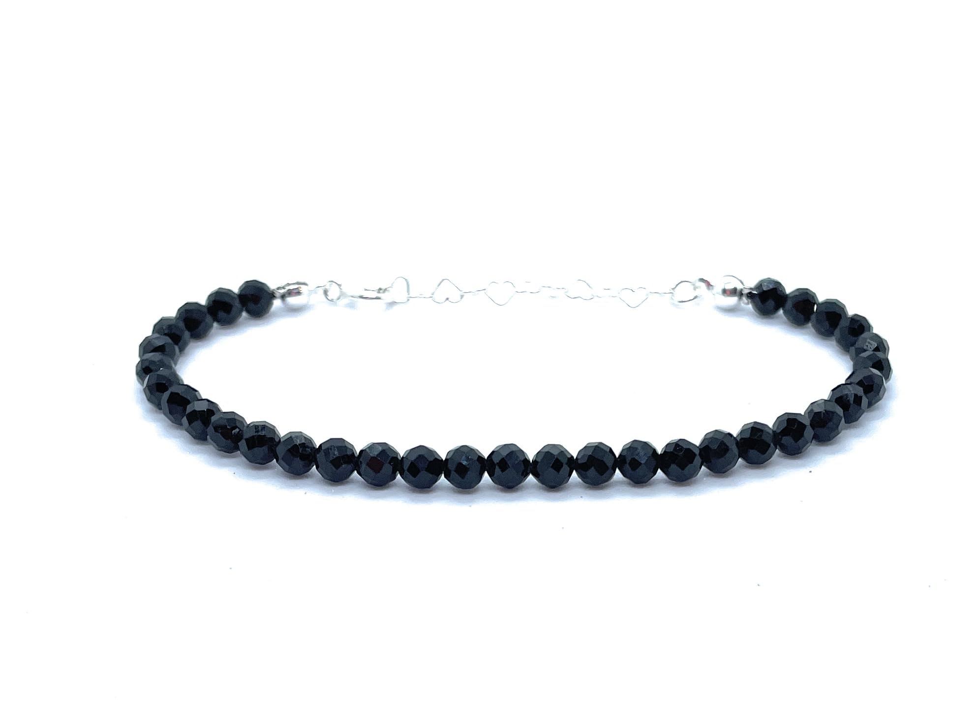Pulsera de Turmalina Negra Natural, 4mm, Plata 925, Ajustable 16-19cm