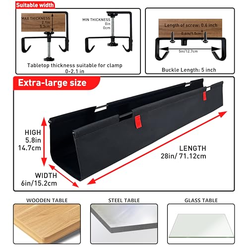 AVEKO Under Desk Cable Management Tray – No Drill, 28" L x 6" W, Non-Scratch Silicone Clamps, 16 Cable Slots, Washable Honeycomb Base,Black — view 3
