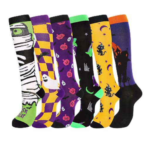 Charunee 6 Pairs Halloween Compression Socks for Women & Men Crazy Compression Socks Fall Festival Fun Knee High Sock Spooky Pumpkin Pattern Adult Sock for Travel Running Nurse