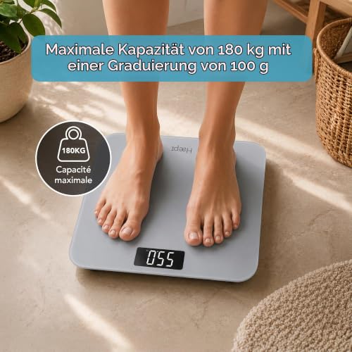 Haepi Digitale Personenwaage mit großer Glasplattform, beleuchtetem Display, präziser Messung & stilvollem Design – Tragkraft bis 180 kg… – Ansicht 3