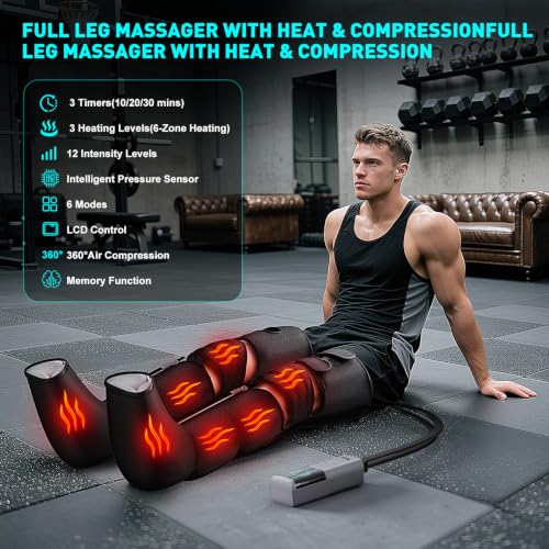 Image of Leg Compression Massager for Circulation and Pain Relief, Compression Boots with Heated Knee, 6 Modes 12 Intensities 3 Timers, Foot Calf Thigh Recovery Machine, Gifts for Man Woman, Black