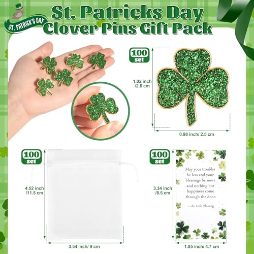 Image of SINCCO 25 /50 /100 Sets St. Patricks Day Clover Lapel Pins Bulk Shamrock Pin Brooches with Irish Blessing Cards Gift Bags for St. Patrick's Day Party Favors Jewelry Accessories