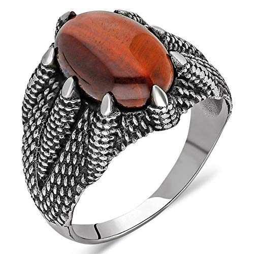 mysilverworld Solid 925 Sterling Silver Red Tiger's Eye Stone Claw Men's Ring (9)