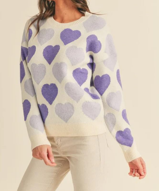 Image of Women Heart Print Knit Pullover Sweater Long Sleeve Round Neck Love Pattern Sweaters Trendy Valentine Knitted Sweater