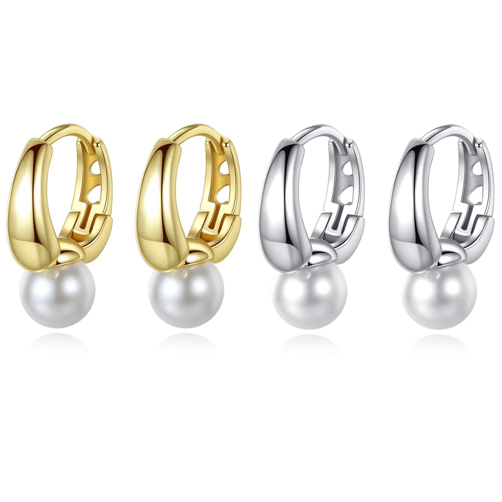 Nbsameng Women's earrings in 925 silver-plated, 2 pairs of silver/gold, pearl