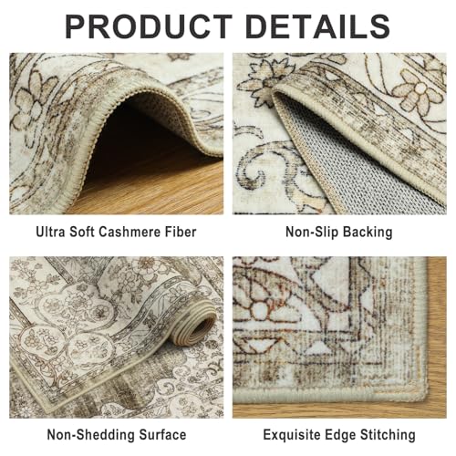 Area Rugs 9x12 Living Room: Washable Rug Vintage Large Soft Boho Floral Non-Slip Carpet Indoor Floor Stain Resistant Thin Carpets for Bedroom Dining Room Farmhouse Nursery Home Office - Brown Grey