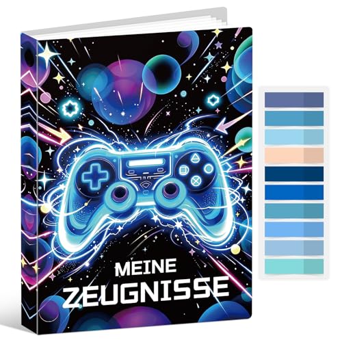 Zeugnismappe Jungen mit 40 Klarsichthüllen A4 Dokumentenmappe A4 für Urkunden & Zeugnisse Urkundenmappe im Gaming-Design Cooles Einschulungsgeschenk für Jungen