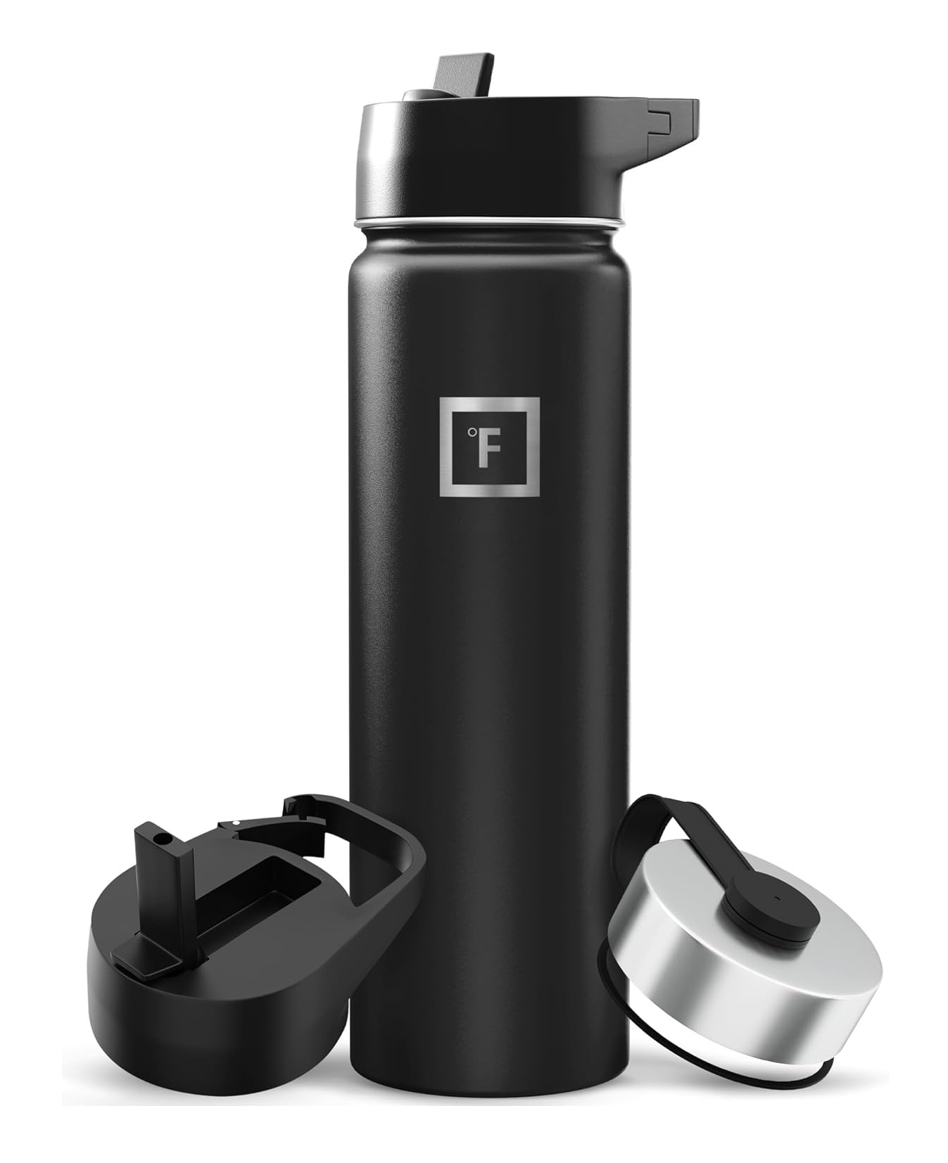 IRON °FLASK Camping & Hiking Hydration Flask with 3 Lids - Stainless Steel, Double Walled & Vacuum Insulated Water Bottle - Leak Proof & BPA Free (Midnight Black, Straw - 22 oz)